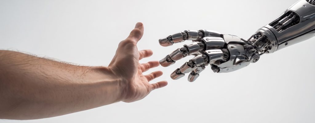 Mão humana a aproximar-se de uma mão robótica